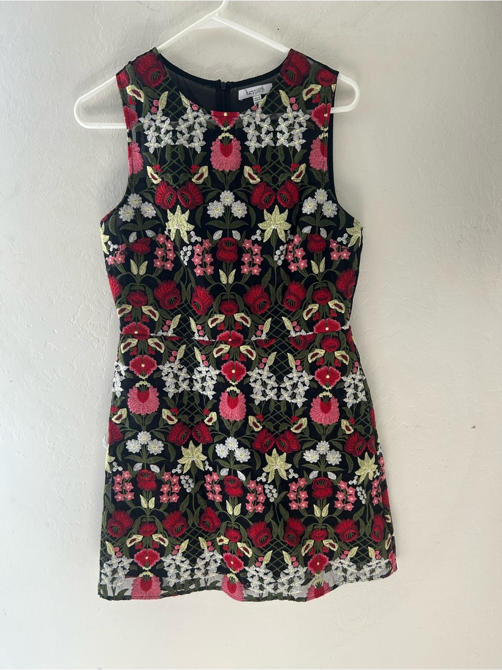 Lucy Paris Black Mini Dress with Red, Pink, White & Green Floral Embroidery